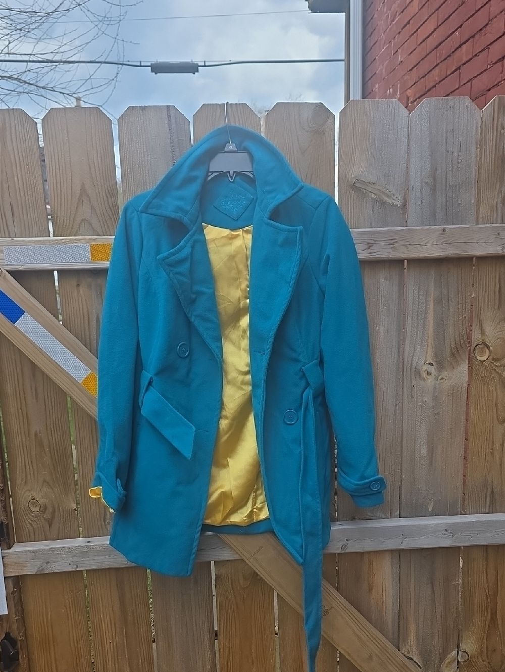 Women’s Teal Belted Peacoat with Yellow Lining